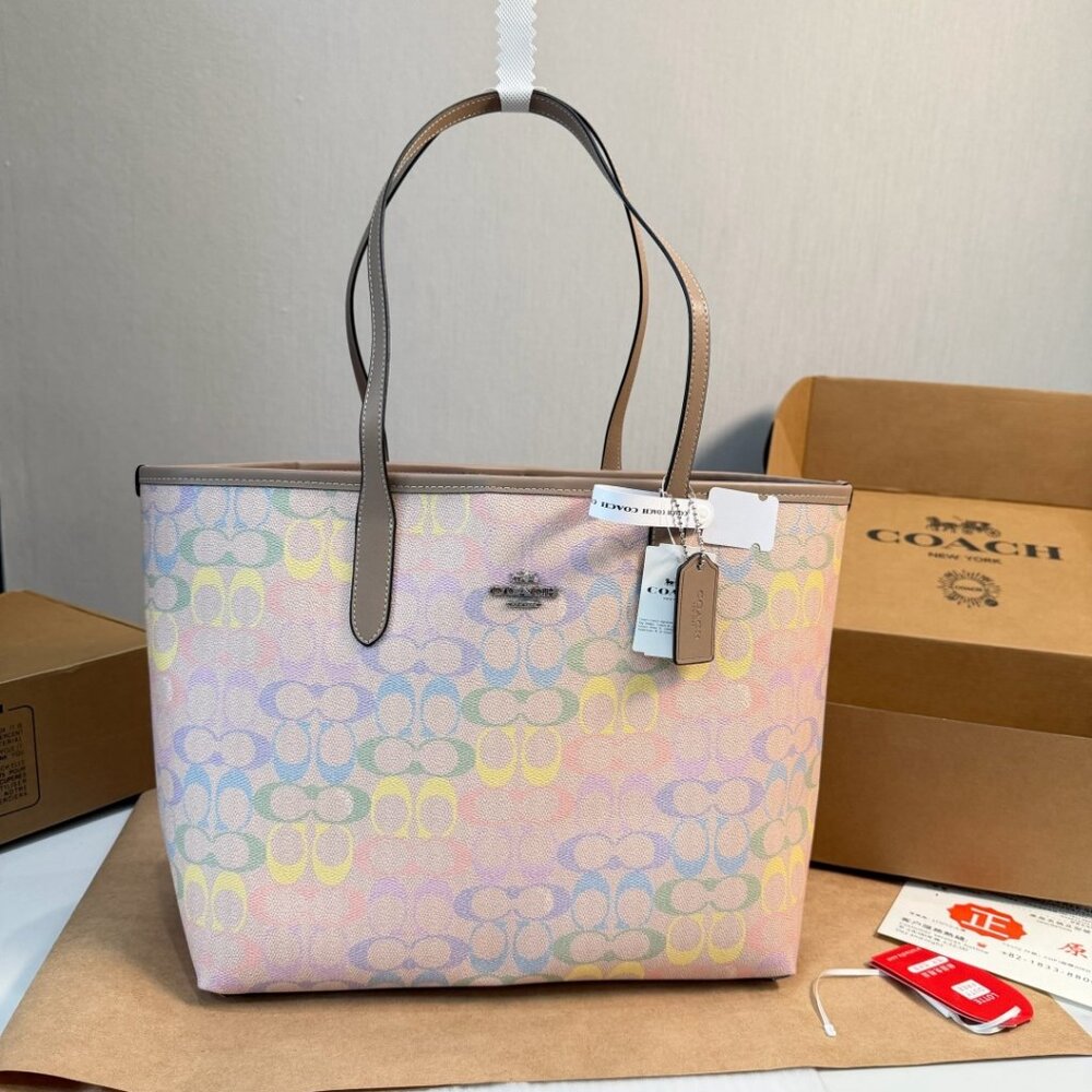 NWT City Tote Bag In Rainbow Signature Canvas Silver/ Sand Multi CDA93 Coach